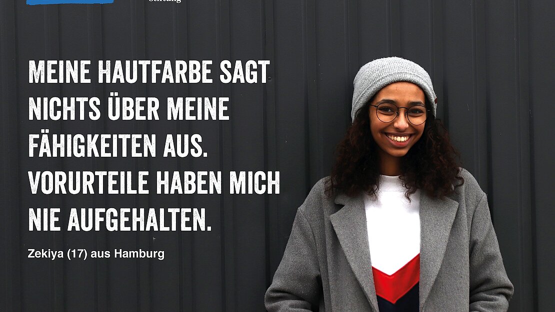 HHV-Kampagnenfoto von junger Frau mit Zitat.