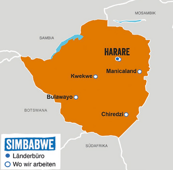 arte von Simbabwe mit markierten Einsatzorten von Plan International, darunter Harare, Bulawayo, Manicaland, Kwekwe und Chiredzi.
