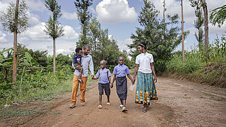 Eine Familie aus Ruanda geht gemeinsam auf einem Feldweg: Ein Mann trägt ein Kleinkind auf dem Arm, während zwei Kinder und eine Frau die Hand halten. Im Hintergrund sind Bäume und ein grüner Landschaftsteil zu sehen.