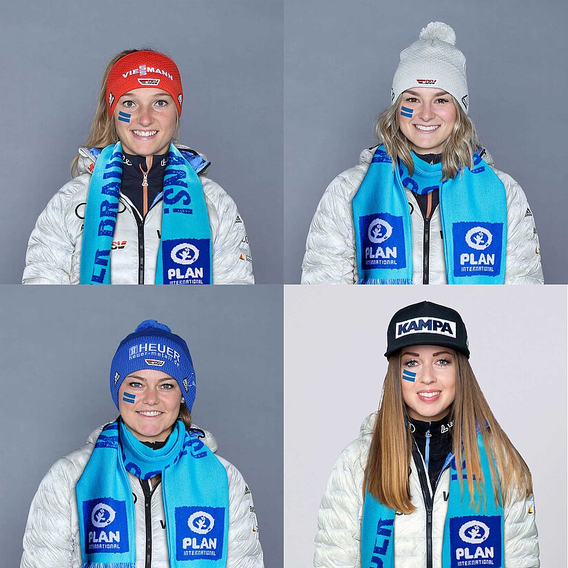 Unterstützen Plan International: Die Deutsche Skisprung-Nationalmannschaft mit Katharina Althaus, Anna Rupprecht, Carina Vogt und Juliane Seyfarth.