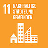 Symbol für Nachhaltigkeitsziel 11 – Nachhaltige Städte und Gemeinden, orange Hintergrund mit weißen Gebäuden.