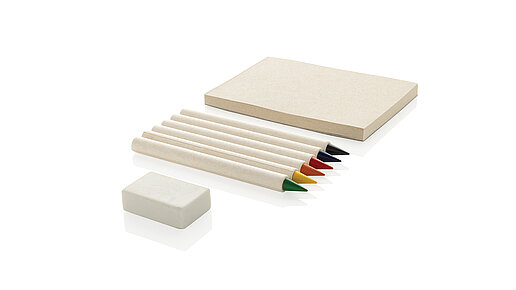 Radiergummi, Block , sechs Buntstifte