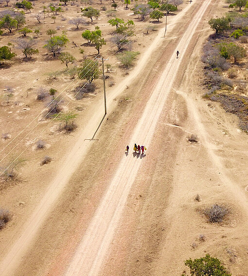 Eine weite, trockene Landschaft von oben, auf einer sandigen Straße laufen vereinzelt Menschen