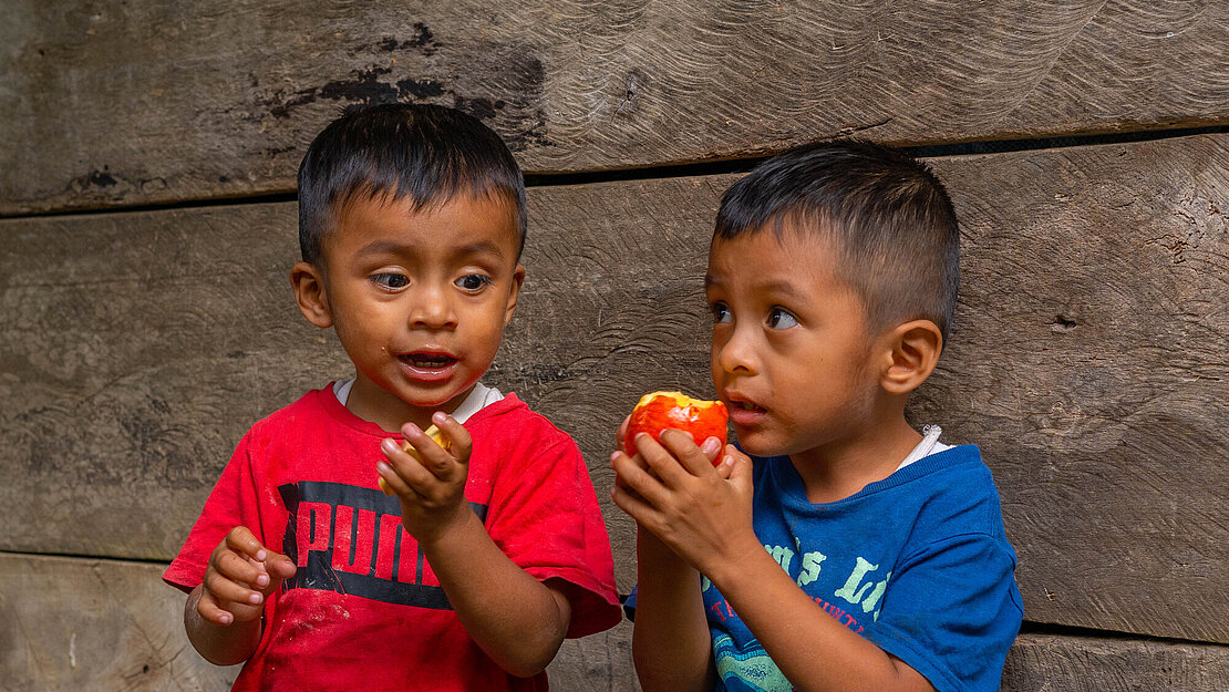 Zwei Jungen essen Äpfel