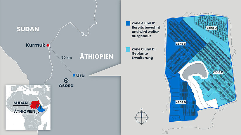 Auf einer Landkarte sieht man links unten Sudan und Äthiopien auf dem Kontinent Afrika. Auf der linken Hälfte ist die sudanesische-äthiopische Landesgrenze zu sehen, wo das Transitlager Kurmuk und die neue Geflüchtetensiedlung Ura abgebildet ist. Rechts sieht man den Grundriss der Geflüchtetensiedlung Uras. Die erste Hälfte ist bereits bewohnt und wird weiter ausgebaut. Die zweite Hälfte ist aktuell im Ausbau und wird für die Bewohnung vorbereitet.