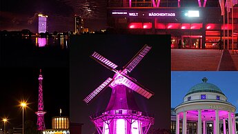 Hier seht ihr den Berliner Funkturm, den Bonner Post-Tower, das Wasserschloss in Bad Pyrmont, die Bremer Bürgerschaft und die Horner Mühle, (Bremen) sowie das Darmstadtium © Plan / Johanna-Maria Schäfer / Karsten Stahlhut / Katharina Braun