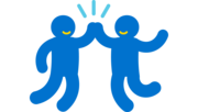 Icon von zwei Personen, die springen und sich dabei in die Hände klatschen. Es steht für Unterstützung und Teamwork.