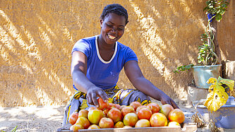 Junge Frau sitzt lächelnd vor einer Holzkiste mit frisch geernteten Tomaten.