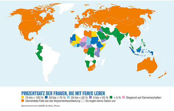 Eine Weltkarte zeigt farblich, wo FGM/C am meisten verbreitet ist.