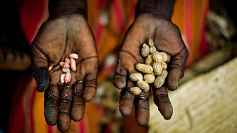 Zwei ausgestreckte Hände mit Handflächen nach oben, darauf liegen ein paar Erdnüsse