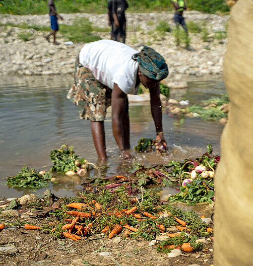 Eine Frau wäscht Gemüse in einem verdreckten Fluss
