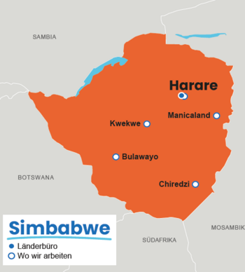 Karte von Simbabwe mit markierten Städten Harare, Kwekwe, Bulawayo, Manicaland und Chiredzi sowie angrenzenden Ländern Sambia, Botswana, Südafrika und Mosambik. Symbole zeigen Standorte von Länderbüro und Arbeitsgebieten."