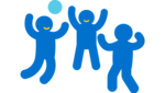 Kinderschutz Icon von drei Kindern, die springen und mit einem Ball spielen.