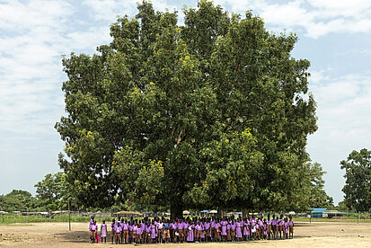 Schulkinder in lila Uniformen stehen im Schatten eines großen Baumes auf einem Schulgelände im Südsudan