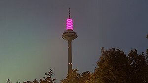 Der Europaturm in Frankfurt ist im Dunkeln anlässlich des Weltmädchentages pink beleuchtet.