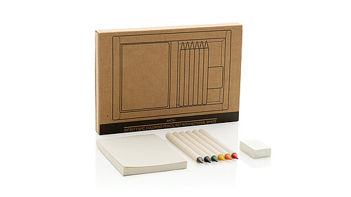 Karton, 6 Farbstifte, Block, Radiergummi