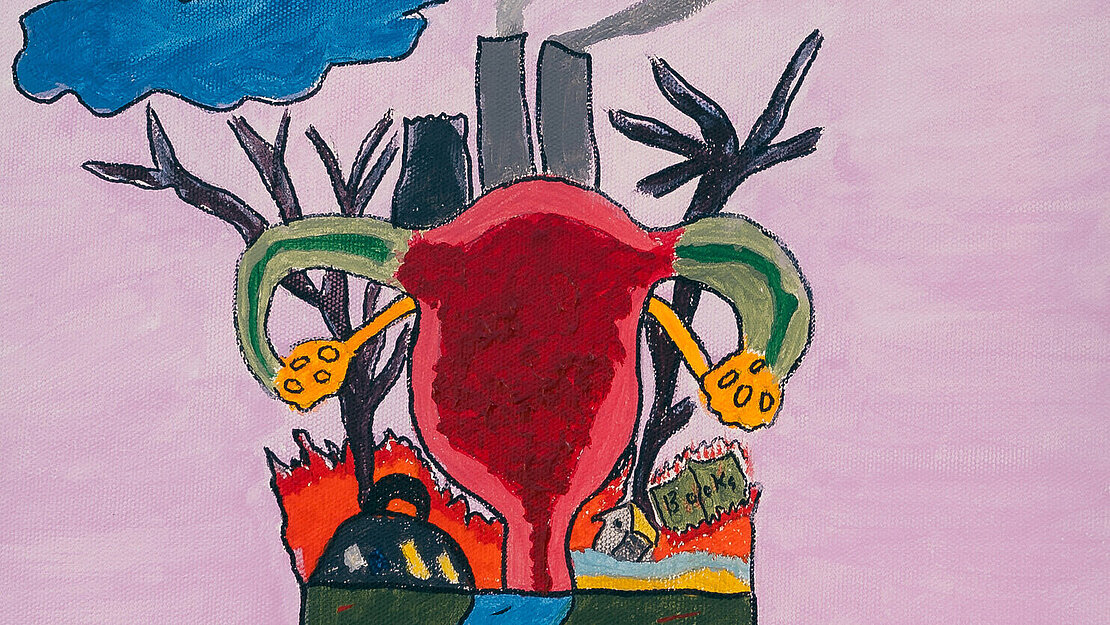 Eine Leinwand auf der künstlerisch eine Erde, eine Gebärmutter, Pflanzen und Gebäude dargestellt sind