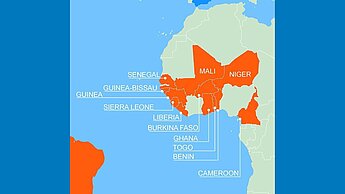 Plan ist in den orange unterlegten Ländern Westafrikas aktiv. Dazu gehören auch die von Ebola betroffenen Länder Guinea, Sierra Leone und Liberia.