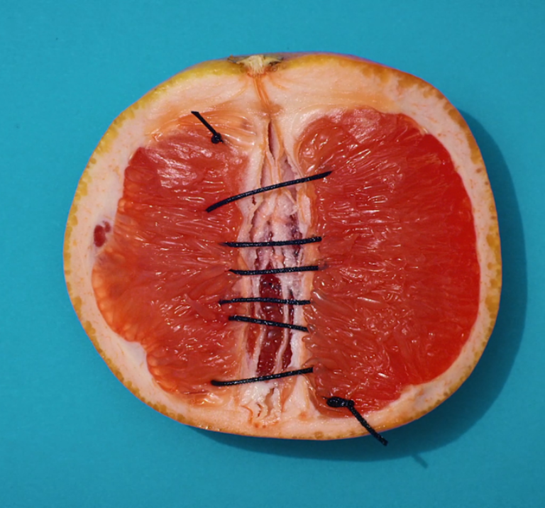 Zusammengenähte Grapefruit vor blauem Hintergrund.