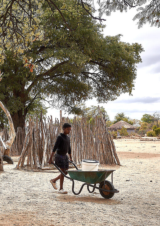 Eine Elfjährige aus Simbabwe schiebt eine Schubkarre mit einem Eimer Wasser darin über trockenen Boden