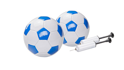 Fußball, 2er Set, Bälle im blau weiß, 2 Pumpen