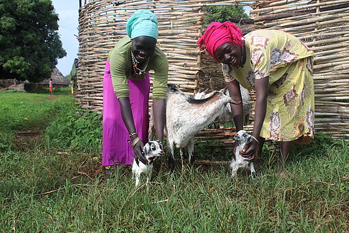 Zwei junge Frauen in bunter Kleidung mit Ziegen und Zicklein vor einem geflochtenen Zaun in Äthiopien im Projekt zur Unterstützung von Unternehmensgründungen