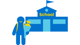 Icon von einem Kind, das einen Rucksack und eine Schultüte trägt und vor einer Schule steht.