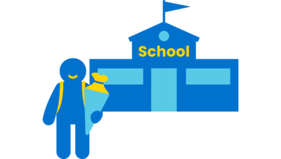 Icon von einem Kind, das einen Rucksack und eine Schultüte trägt und vor einer Schule steht.