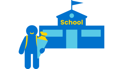 Icon von einem Kind, das einen Rucksack und eine Schultüte trägt und vor einer Schule steht.