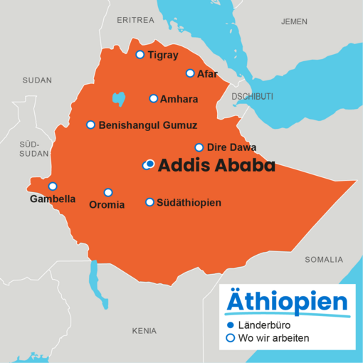 Karte von Äthiopien mit Projektregionen von Plan International: Addis Ababa (Länderbüro), Tigray, Afar, Amhara, Benishangul-Gumuz, Dire Dawa, Oromia, Südäthiopien und Gambella.