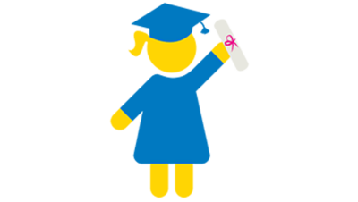 Mädchen mit Graduation-Hut und blauem Kleid