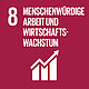 Piktogramm zu SDG 8 „Menschenwürdige Arbeit und Wirtschaftswachstum“: Weißes Symbol eines steigenden Balkendiagramms auf bordeauxrotem Hintergrund.