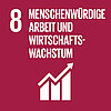 Piktogramm zu SDG 8 „Menschenwürdige Arbeit und Wirtschaftswachstum“: Weißes Symbol eines steigenden Balkendiagramms auf bordeauxrotem Hintergrund.