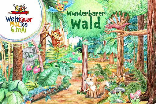 Plan-Unternehmenspartner STAEDTLER veranstaltet einen internationalen Malwettbewerb, der 2024 ein Plan-Projekt in Laos unterstützt Eine Kinderzeichnung von einem Wald