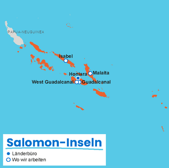 Karte der Salomonen mit markierten Einsatzorten von Plan International, darunter Honiara, Malaita, Guadalcanal und Isabel.