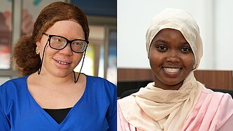 Zwei nebeneinander angeordnete Porträtaufnahmen zeigen Baratou und Madelaine aus Guinea. Beide jungen Frauen setzen sich auf unterschiedliche Weise mit dem Thema Genitalverstümmelung auseinander.