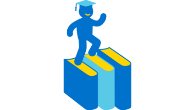 Icon einer Person, die eine Treppe aus Büchern hinaufsteigt und einen Doktorhut trägt. Es steht für unseren Wirkungsbereich zur politischen Teilhabe.