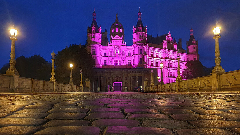 Das Schloss Schwerin leuchtete am Welt-Mädchentag pink. © R. Hagemann