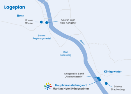 Lageplan der Veranstaltungsorte für das 8. Internationale Stiftungstreffen 2026 entlang des Rheins zwischen Bonn und Königswinter, mit Bonner Münster, Bonner Regierungsviertel, Ameron Bonn Hotel Königshof, Anlegestelle Rheinprinzessin, Maritim Hotel Königswinter und Schloss Drachenburg.