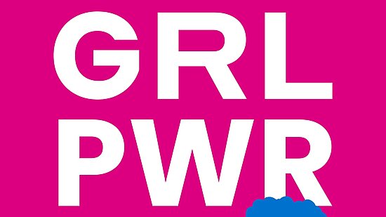Pinke Grafik von Plan International zum Welt-Mädchentag. In großen weißen Buchstaben steht: ‚GRL PWR‘, getrennt durch zwei gelbe Linien. Unten links das Logo vom Welt-Mädchentag mit Plan International. Daneben eine Illustration einer jungen Frau mit lockigem Haar in Blau, die lächelt.