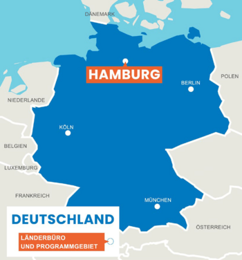 Deutschlandkarte mit Plan International Programmbüro in Hamburg Karte von Deutschland mit markiertem Länderbüro von Plan International in Hamburg