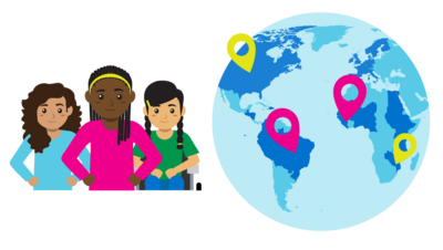 Icon: Weltkarte und drei Mädchen