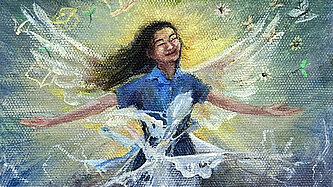 Gemälde eines jungen Mädchens, dass bis zur Hüfte ein Brautkleid trägt und darüber eine Schuluniform. Es hat die Arme ausgebreitet und schwebt nach oben, als würde es aus dem Brautkleid hinausbrechen