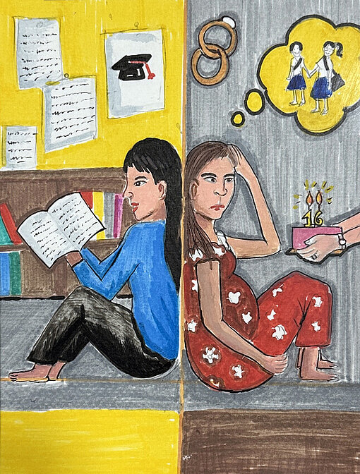 Ein geteiltes Gemälde: Auf der einen Seite sitzt ein Mädchen und liest, auf der anderen Seite sitzt ein Mädchen, das eine Torte gereicht bekommt, und es denkt an die Ehe, die ihm bevorsteht