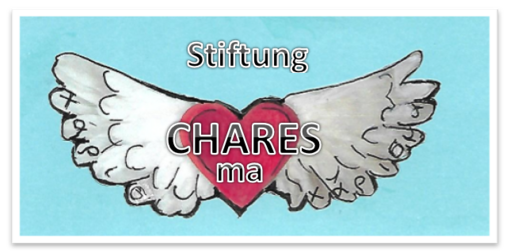 Logo der Stiftung CHARESma mit rotem Herz in der Mitte mit Engelsflügeln auf türkisem Hintergrund.