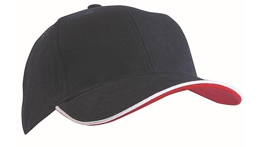 Dunkelblaue Cap mit weißer Kontrastbiese an Schirmkante. Die Unterseite des Schirms ist rot.