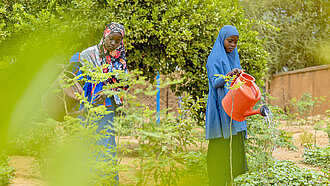 Mädchen in Niger füllen Wasser in den Garten