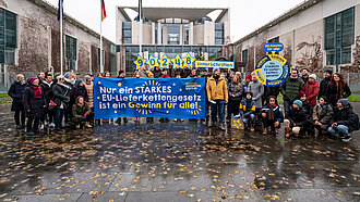 Eine Gruppe Menschen steht um ein Banner, auf dem steht "Nur ein starkes EU-Lieferkettengesetz ist ein Gewinn für alle!"