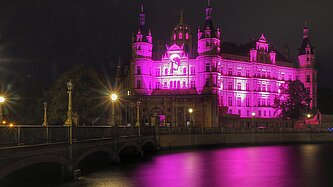 Pink erleuchtetes Schloss an einem See bei Nacht