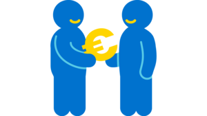 Icon von zwei Personen, die sich gegenüberstehen und sich ein Euro-Zeichen überreichen. Es steht für ein Matching-gift.